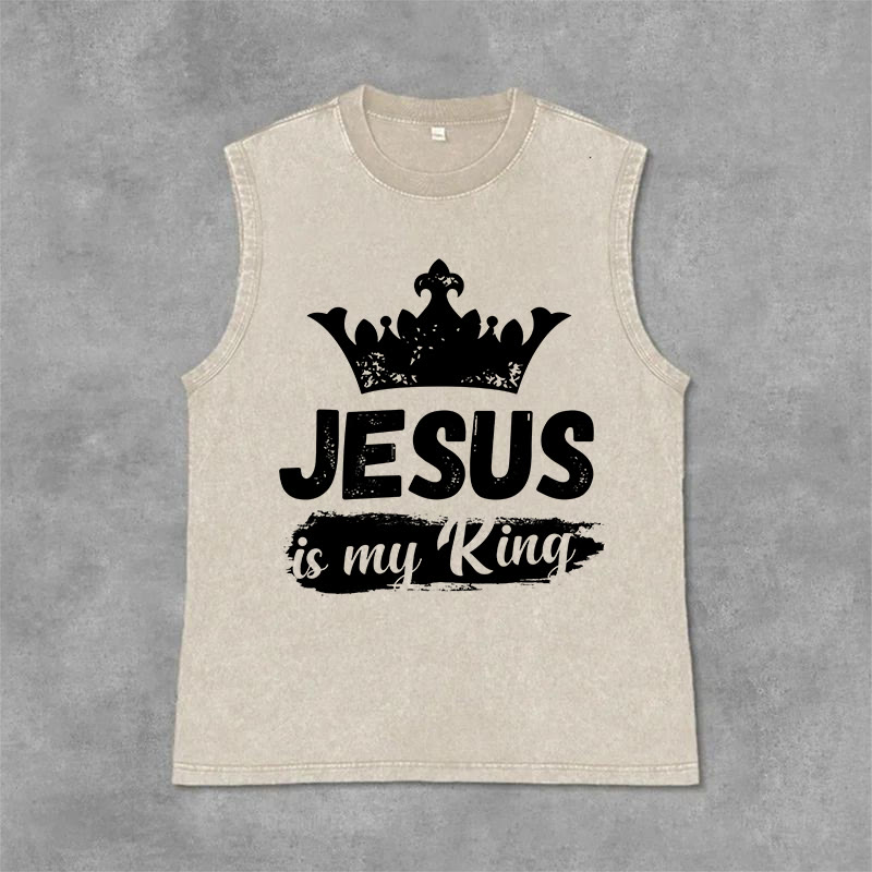 Christianartworkshop Débardeur unisexe lavé avec couronne « Jésus est mon roi » - Beige - 2XL - image 3