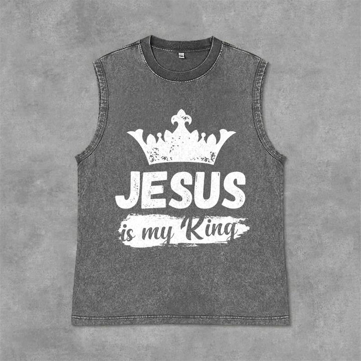 Christianartworkshop Débardeur unisexe lavé avec couronne « Jésus est mon roi » - Gris - 2XL - image 9