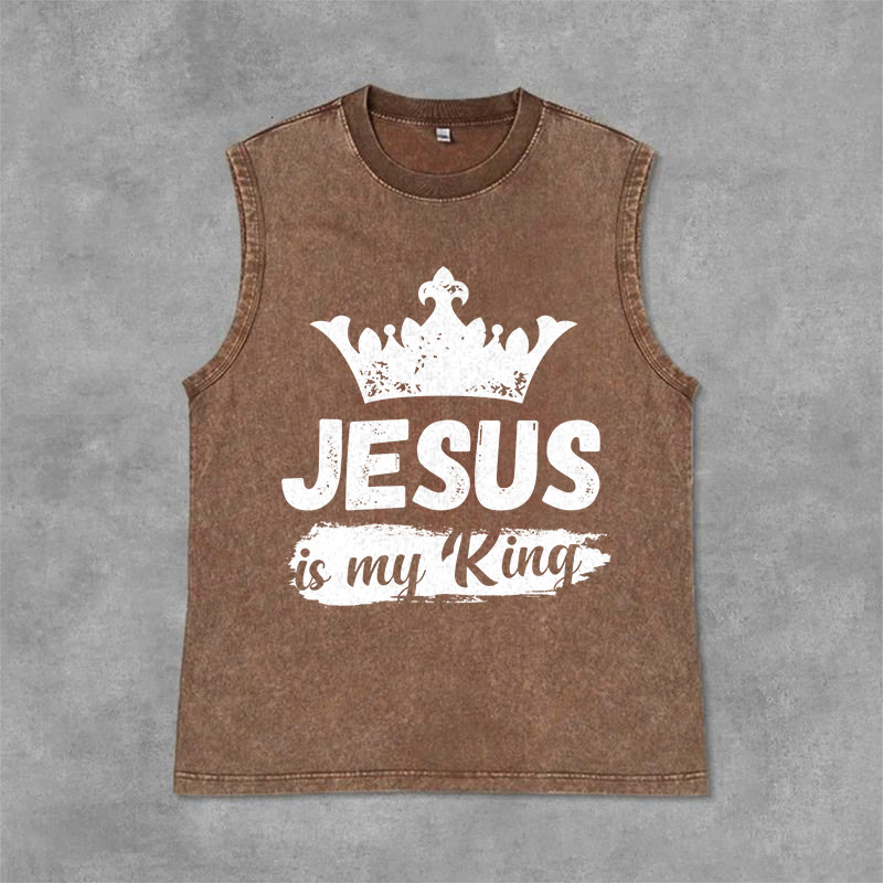 Christianartworkshop Débardeur unisexe lavé avec couronne « Jésus est mon roi » - Brun - 2XL - image 0