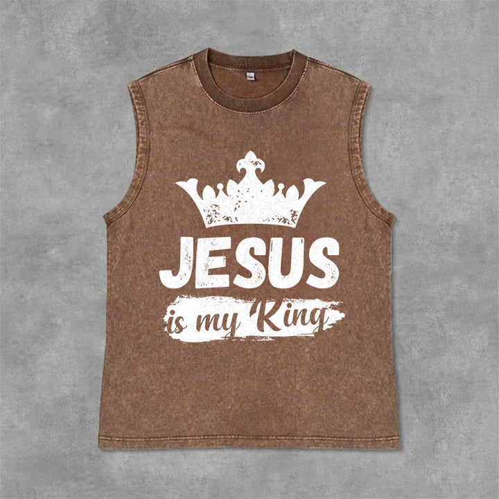 Christianartworkshop Débardeur unisexe lavé avec couronne « Jésus est mon roi » - Brun - 2XL - image 0