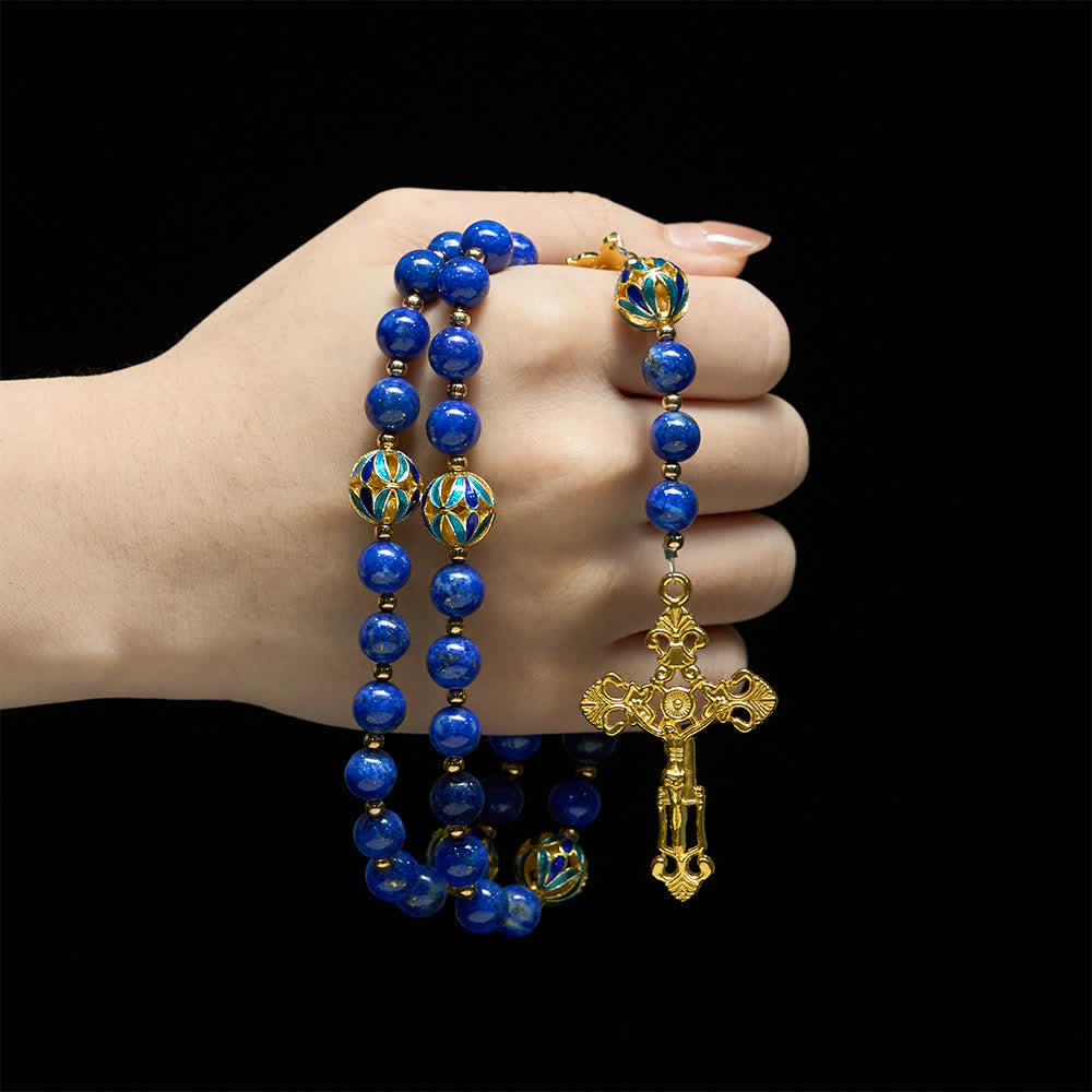 Christianartworkshop Chapelet vintage en lapis-lazuli bleu foncé avec accents en émail cloisonné - image 1