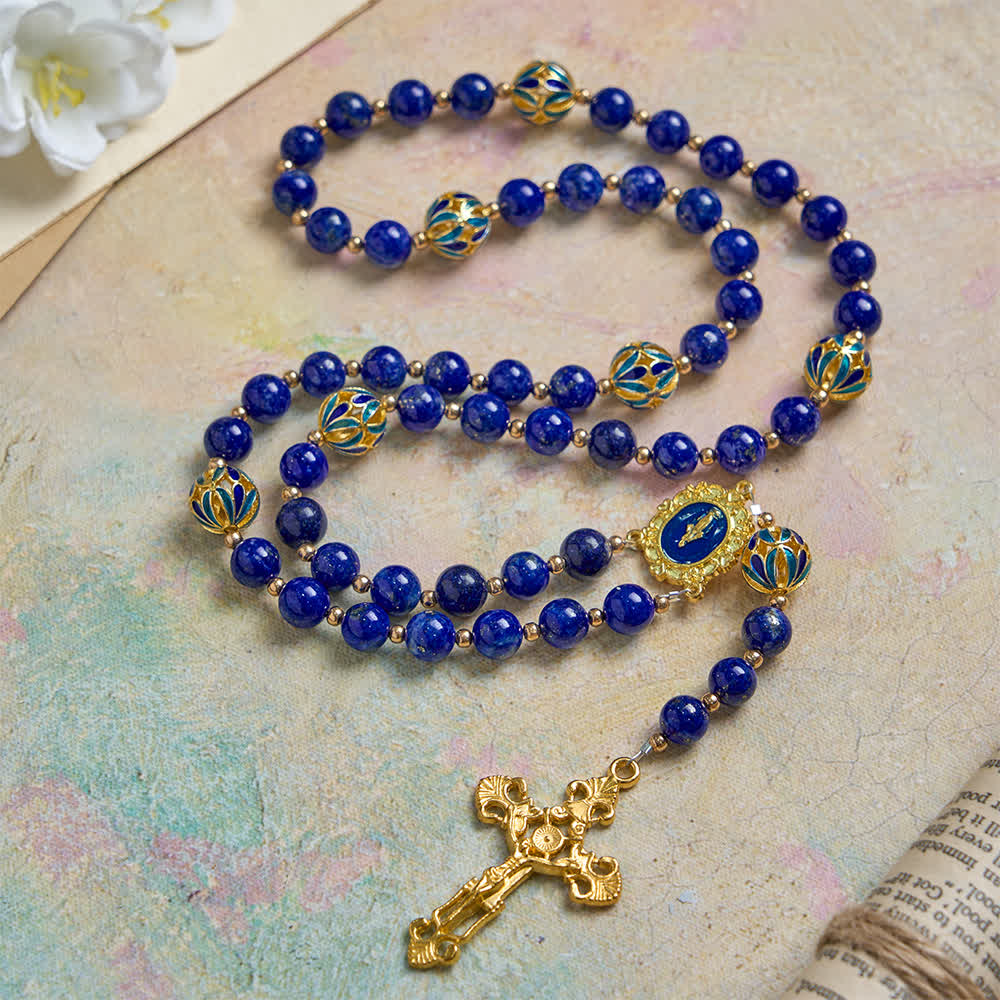 Christianartworkshop Chapelet vintage en lapis-lazuli bleu foncé avec accents en émail cloisonné - Notre-Dame et le Crucifix - image 0
