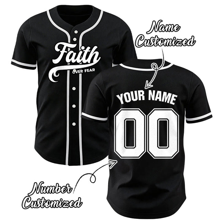 Christianartworkshop Maillot de baseball unisexe personnalisé avec nom et numéro « La foi plutôt que la peur » - image 0