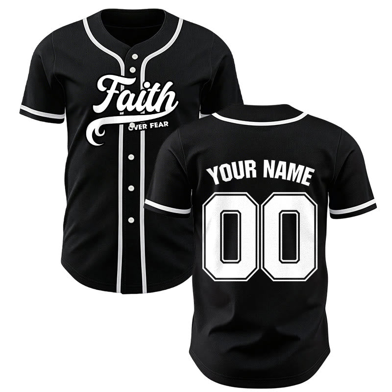 Christianartworkshop Maillot de baseball unisexe personnalisé avec nom et numéro « La foi plutôt que la peur » - Noir - 5XL - Nom et numéro personnalisés - image 1