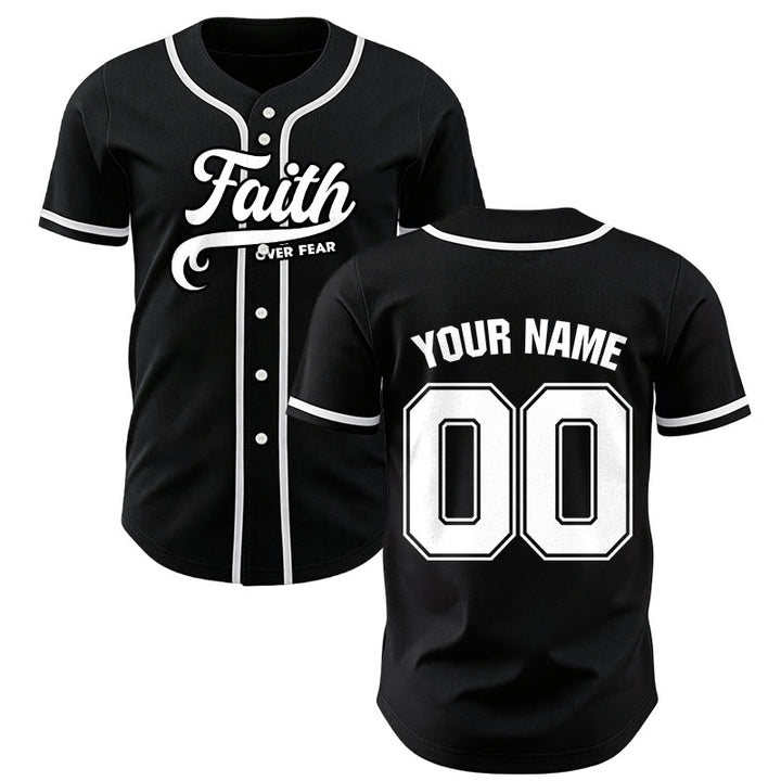 Christianartworkshop Maillot de baseball unisexe personnalisé avec nom et numéro « La foi plutôt que la peur » - Noir - 5XL - Nom et numéro personnalisés - image 1