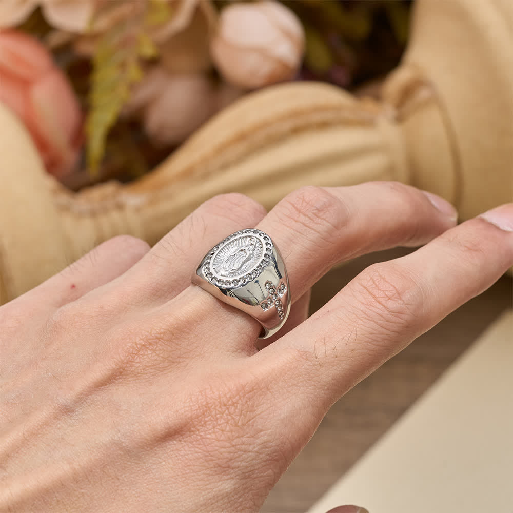 Christianartworkshop Bague chevalière audacieuse avec croix de Notre-Dame : Ancrez votre cœur dans la foi mariale - image 7