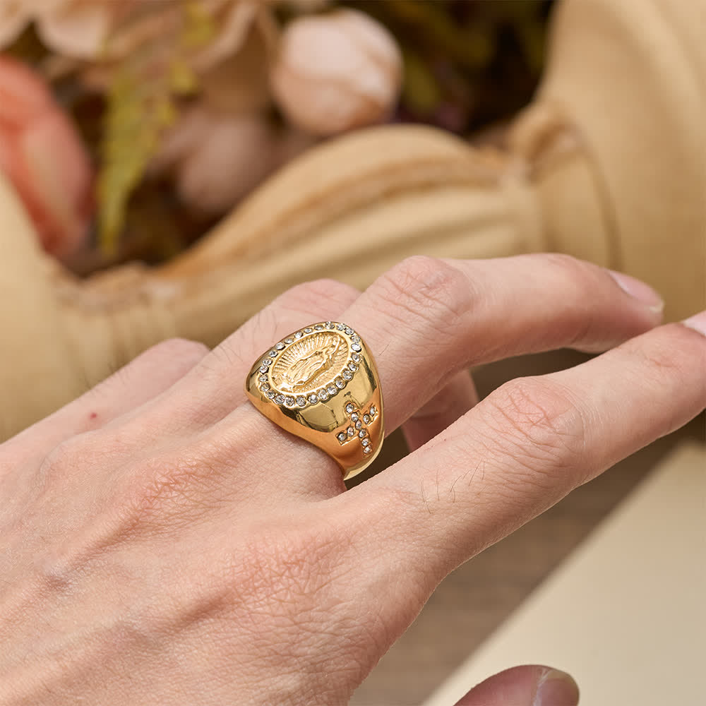 Christianartworkshop Bague chevalière audacieuse avec croix de Notre-Dame : Ancrez votre cœur dans la foi mariale - image 2