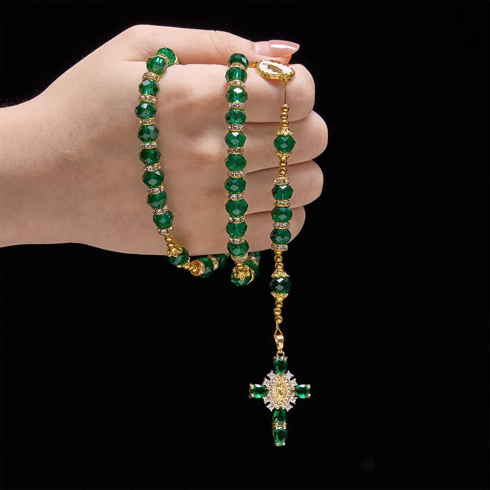 Christianartworkshop Chapelet en verre facetté vert émeraude avec une luxueuse croix de Notre-Dame - image 1