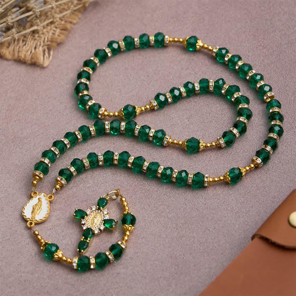 Christianartworkshop Chapelet en verre facetté vert émeraude avec une luxueuse croix de Notre-Dame - image 3