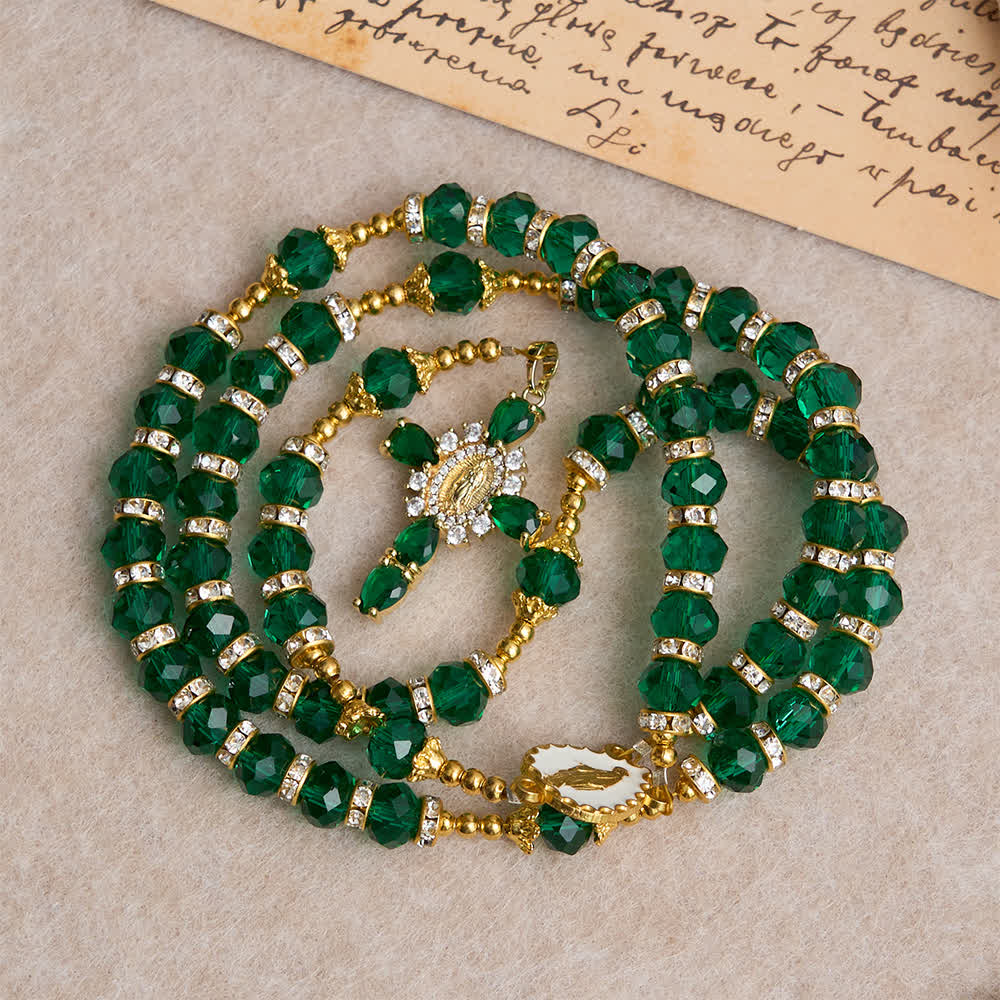 Christianartworkshop Chapelet en verre facetté vert émeraude avec une luxueuse croix de Notre-Dame - image 4