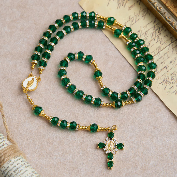 Christianartworkshop Chapelet en verre facetté vert émeraude avec une luxueuse croix de Notre-Dame - image 2