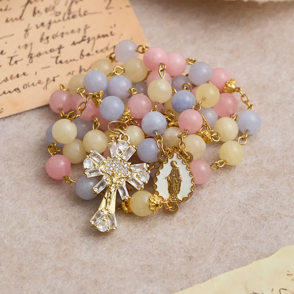 Christianartworkshop Chapelet en perles de morganite pastel avec crucifix étincelant et Notre-Dame - image 1