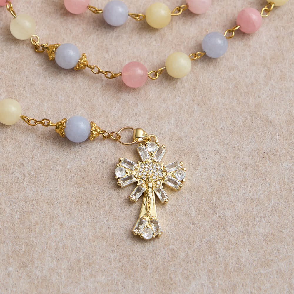 Christianartworkshop Chapelet en perles de morganite pastel avec crucifix étincelant et Notre-Dame - image 6