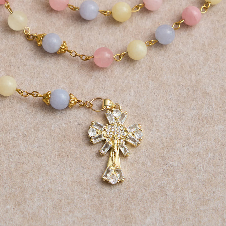 Christianartworkshop Chapelet en perles de morganite pastel avec crucifix étincelant et Notre-Dame - image 6