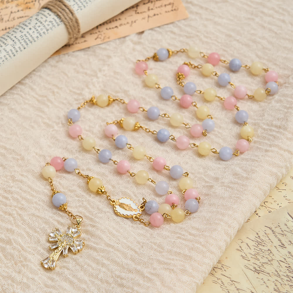 Christianartworkshop Chapelet en perles de morganite pastel avec crucifix étincelant et Notre-Dame - image 2