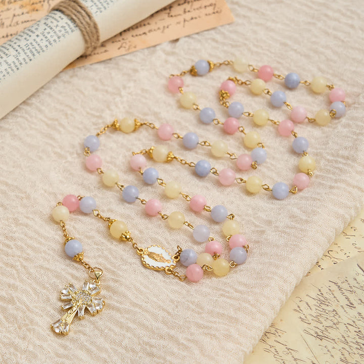 Christianartworkshop Chapelet en perles de morganite pastel avec crucifix étincelant et Notre-Dame - image 2