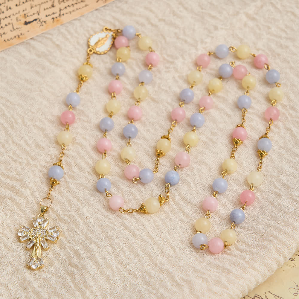 Christianartworkshop Chapelet en perles de morganite pastel avec crucifix étincelant et Notre-Dame - image 3