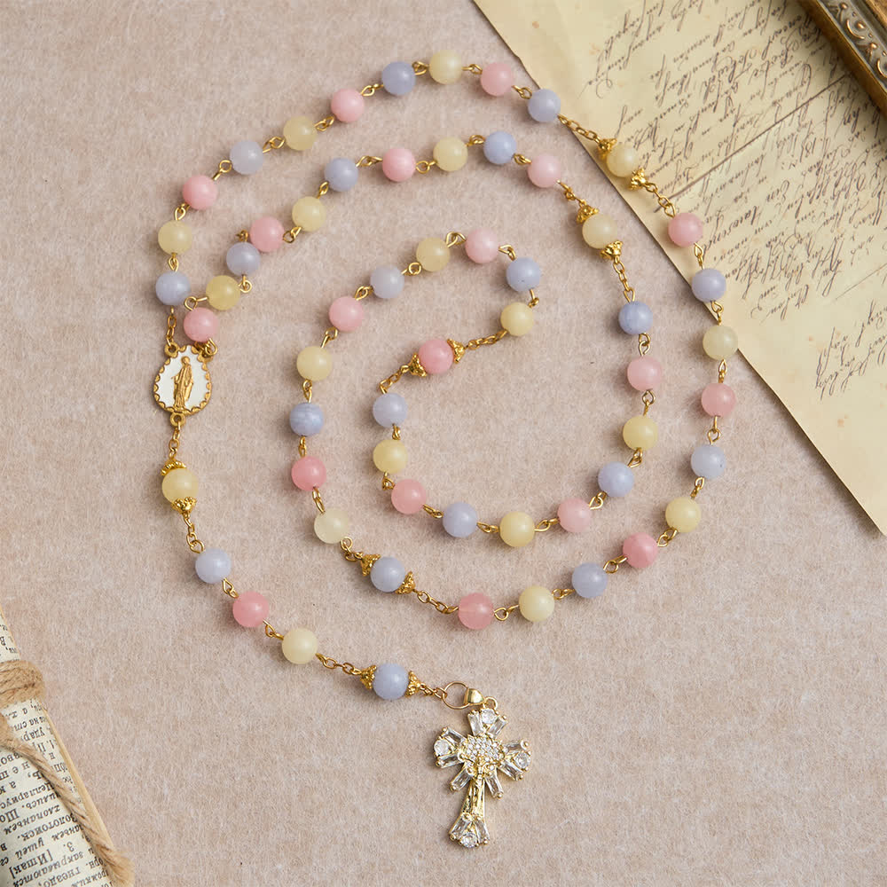Christianartworkshop Chapelet en perles de morganite pastel avec crucifix étincelant et Notre-Dame - image 4