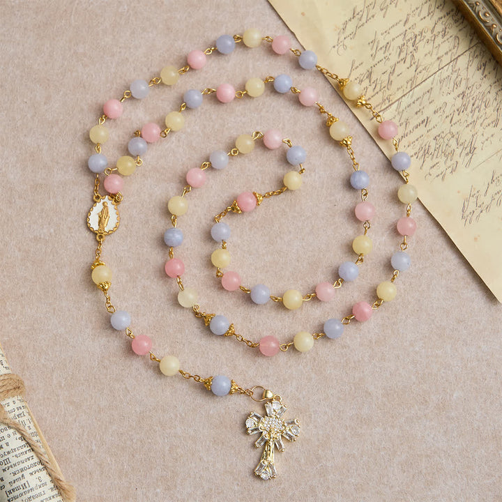 Christianartworkshop Chapelet en perles de morganite pastel avec crucifix étincelant et Notre-Dame - image 4