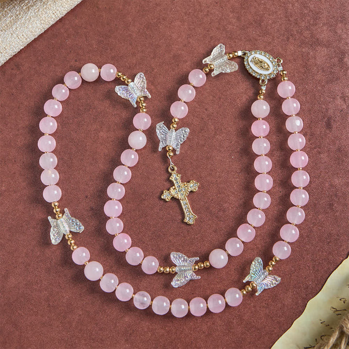 Chapelet papillon en verre rose pâle avec Notre-Dame et croix scintillantes , Christianartworkshop - image 3