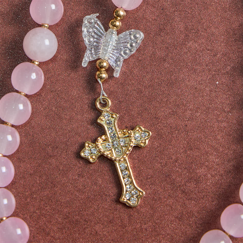 Chapelet papillon en verre rose pâle avec Notre-Dame et croix scintillantes , Christianartworkshop - image 5