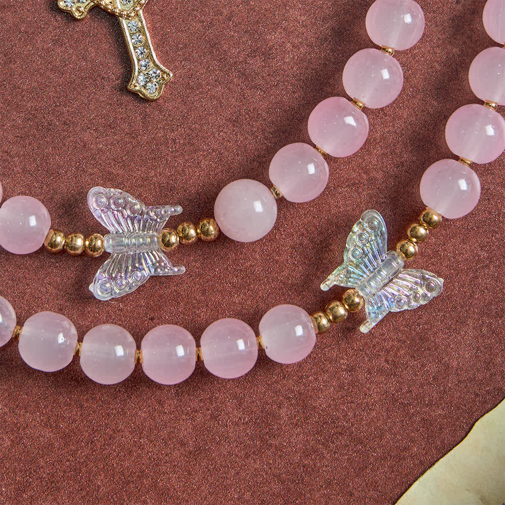 Chapelet papillon en verre rose pâle avec Notre-Dame et croix scintillantes , Christianartworkshop - image 7