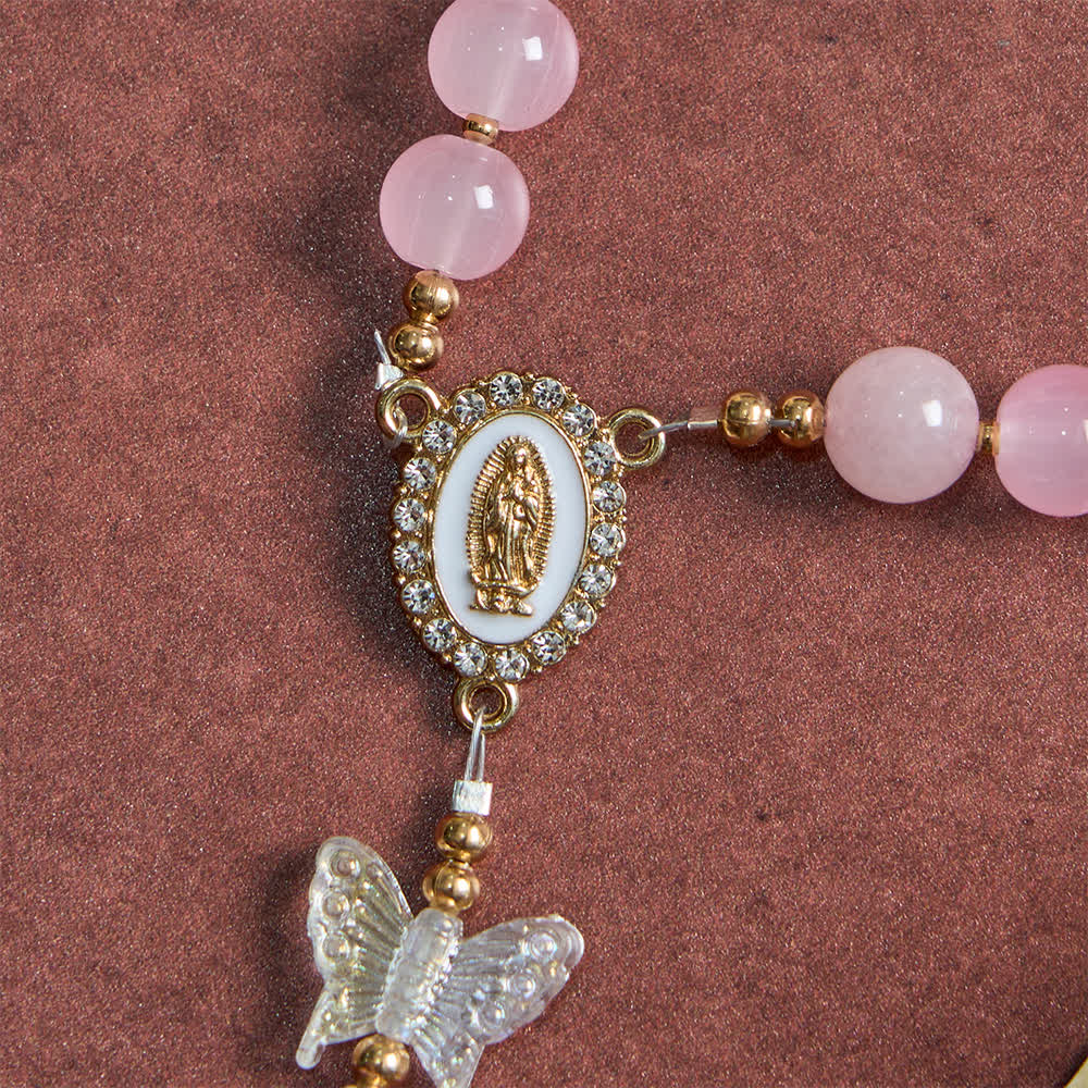 Chapelet papillon en verre rose pâle avec Notre-Dame et croix scintillantes , Christianartworkshop - image 6