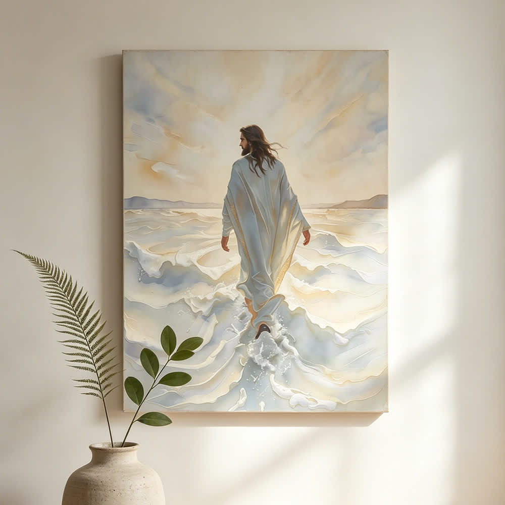 Christianartworkshop Œuvres d'art chrétiennes Jésus marchant sur l'eau - Affiches murales : Foi et guidance divine - Tableau sur toile encadré - 13,77 po * 19,58 po * 0,7 po / 35 * 50 * 1,8 cm - image 0