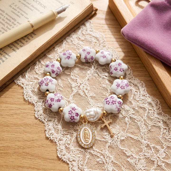 Bracelet en porcelaine céramique à motif floral avec pendentif médaille de Notre - Dame et croix (3 modèles) - image 9