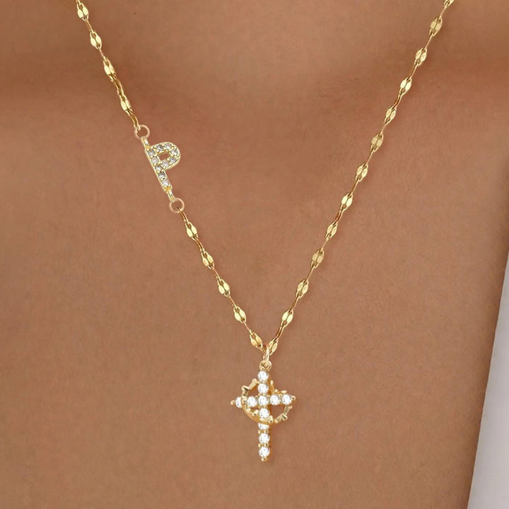 Collier croix couronne personnalisée avec initiale AZ, tons or et argent, de Christianartworkshop : bijou pendentif monogramme sacré personnalisé - P - Doré - image 18