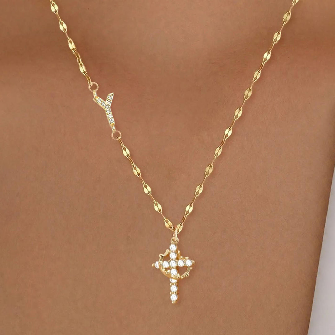 Collier croix couronne personnalisée avec initiale AZ, tons or et argent, de Christianartworkshop : bijou pendentif monogramme sacré personnalisé - Y - Doré - image 27