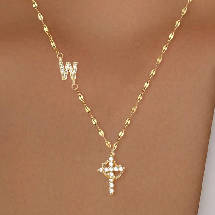 Collier croix couronne personnalisée avec initiale AZ, tons or et argent, de Christianartworkshop : bijou pendentif monogramme sacré personnalisé - W - Doré - image 25