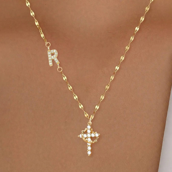 Collier croix couronne personnalisée avec initiale AZ, tons or et argent, de Christianartworkshop : bijou pendentif monogramme sacré personnalisé - R - Doré - image 20