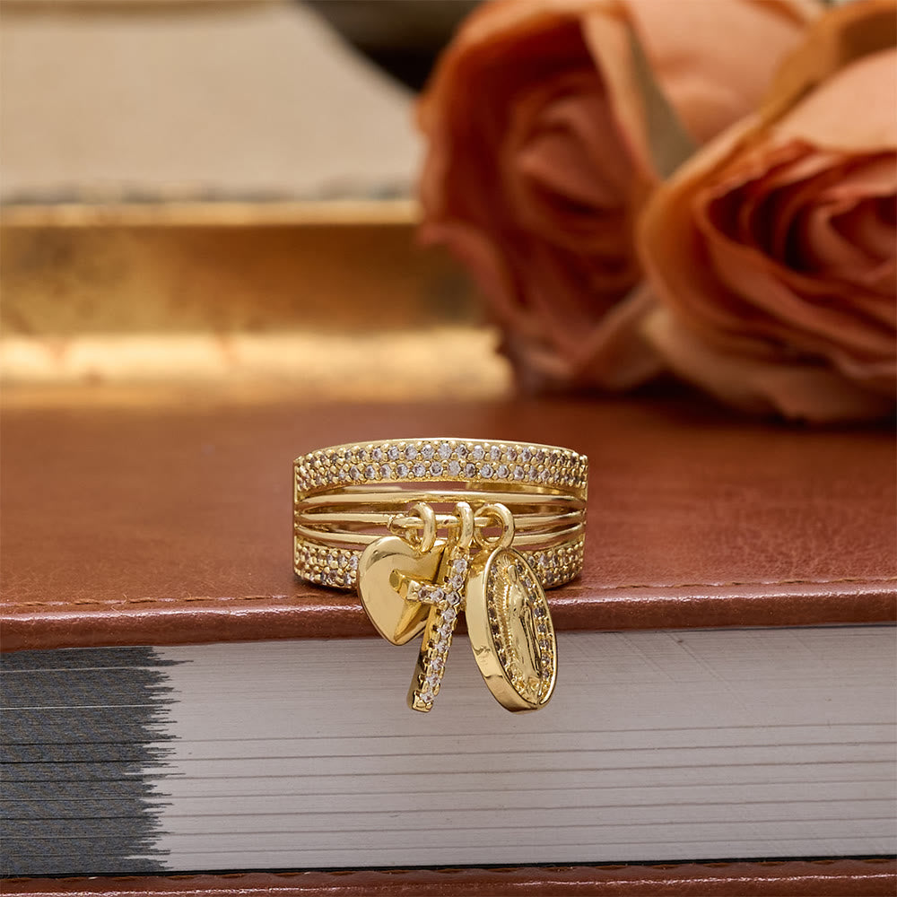Christianartworkshop Bague ouverte ornée d'une croix et d'un cœur en zircon, symbole de la grâce mariale et de l'amour sacré de la Vierge Marie : un symbole de grâce mariale et d'amour sacré - image 6