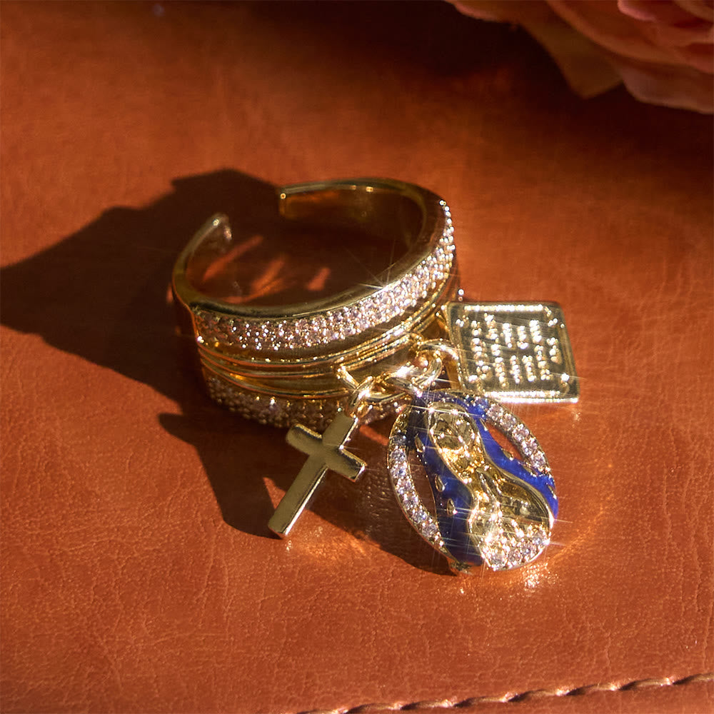 Christianartworkshop Bague ouverte ornée d'une croix et d'un cœur en zircon, symbole de la grâce mariale et de l'amour sacré de la Vierge Marie : un symbole de grâce mariale et d'amour sacré - Bleu (Convient aux pointures américaines 7 à 9) - image 0