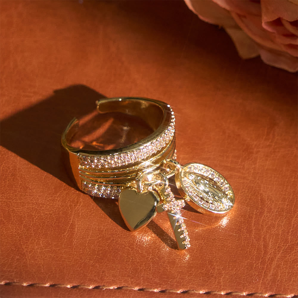 Christianartworkshop Bague ouverte ornée d'une croix et d'un cœur en zircon, symbole de la grâce mariale et de l'amour sacré de la Vierge Marie : un symbole de grâce mariale et d'amour sacré - Doré (Convient aux pointures américaines 7 à 9) - image 5