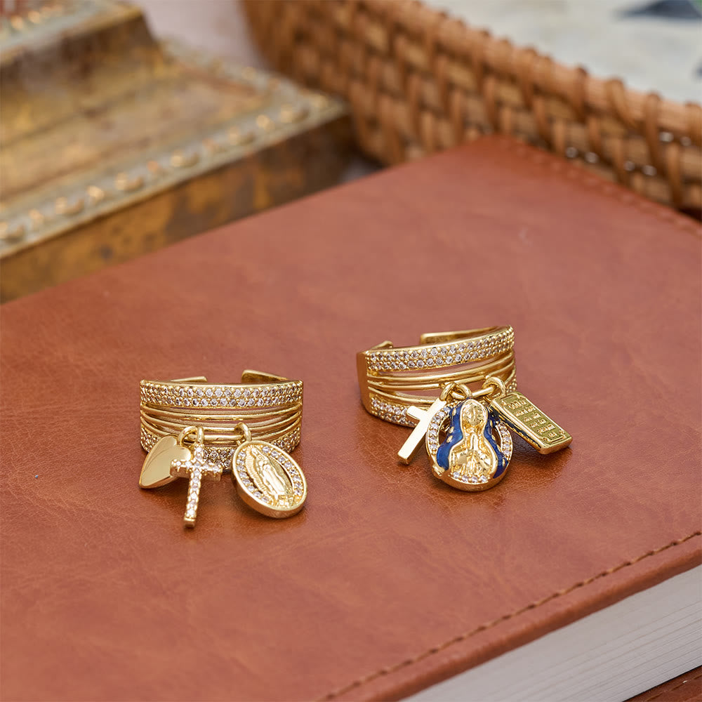 Christianartworkshop Bague ouverte ornée d'une croix et d'un cœur en zircon, symbole de la grâce mariale et de l'amour sacré de la Vierge Marie : un symbole de grâce mariale et d'amour sacré - image 1