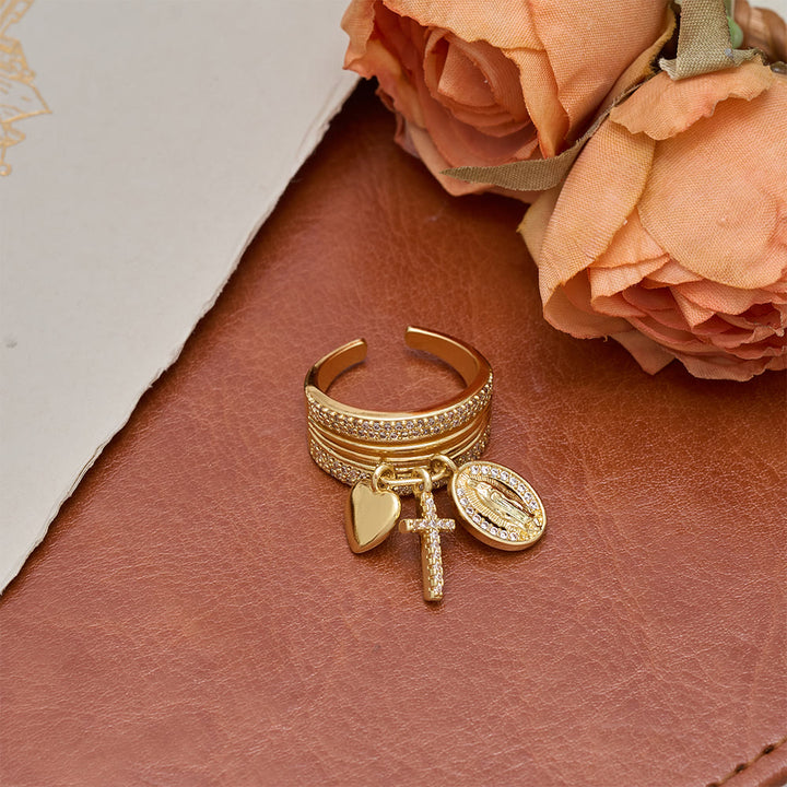 Christianartworkshop Bague ouverte ornée d'une croix et d'un cœur en zircon, symbole de la grâce mariale et de l'amour sacré de la Vierge Marie : un symbole de grâce mariale et d'amour sacré - image 7