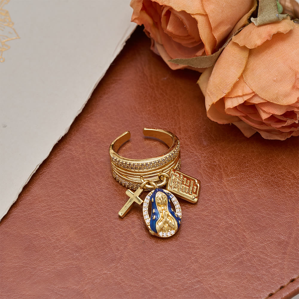 Christianartworkshop Bague ouverte ornée d'une croix et d'un cœur en zircon, symbole de la grâce mariale et de l'amour sacré de la Vierge Marie : un symbole de grâce mariale et d'amour sacré - image 4