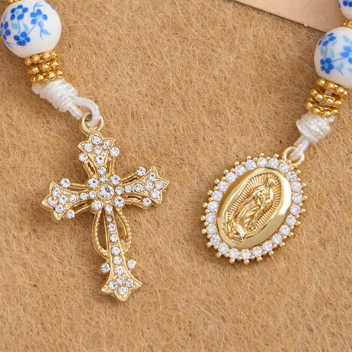 Christianartworkshop Chapelet de poche en porcelaine bleue à motif floral, orné d'une élégante Vierge Marie et d'une croix. - image 7