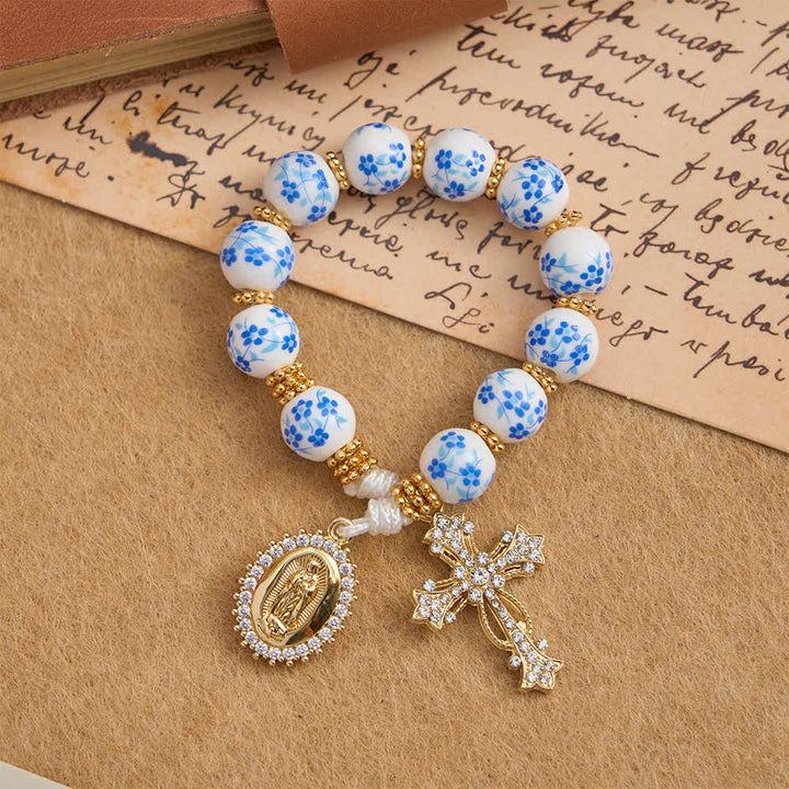 Christianartworkshop Chapelet de poche en porcelaine bleue à motif floral, orné d'une élégante Vierge Marie et d'une croix. - image 4