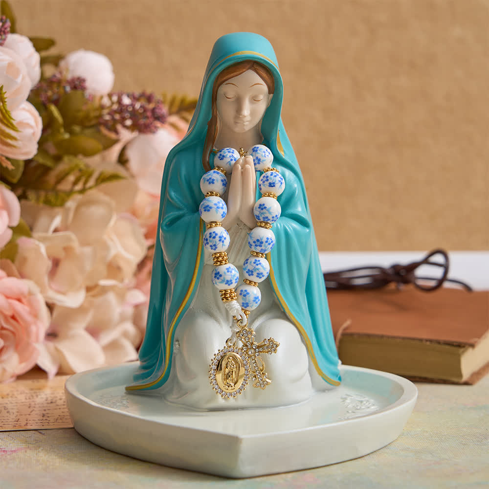Christianartworkshop Chapelet de poche en porcelaine bleue à motif floral, orné d'une élégante Vierge Marie et d'une croix. - image 2
