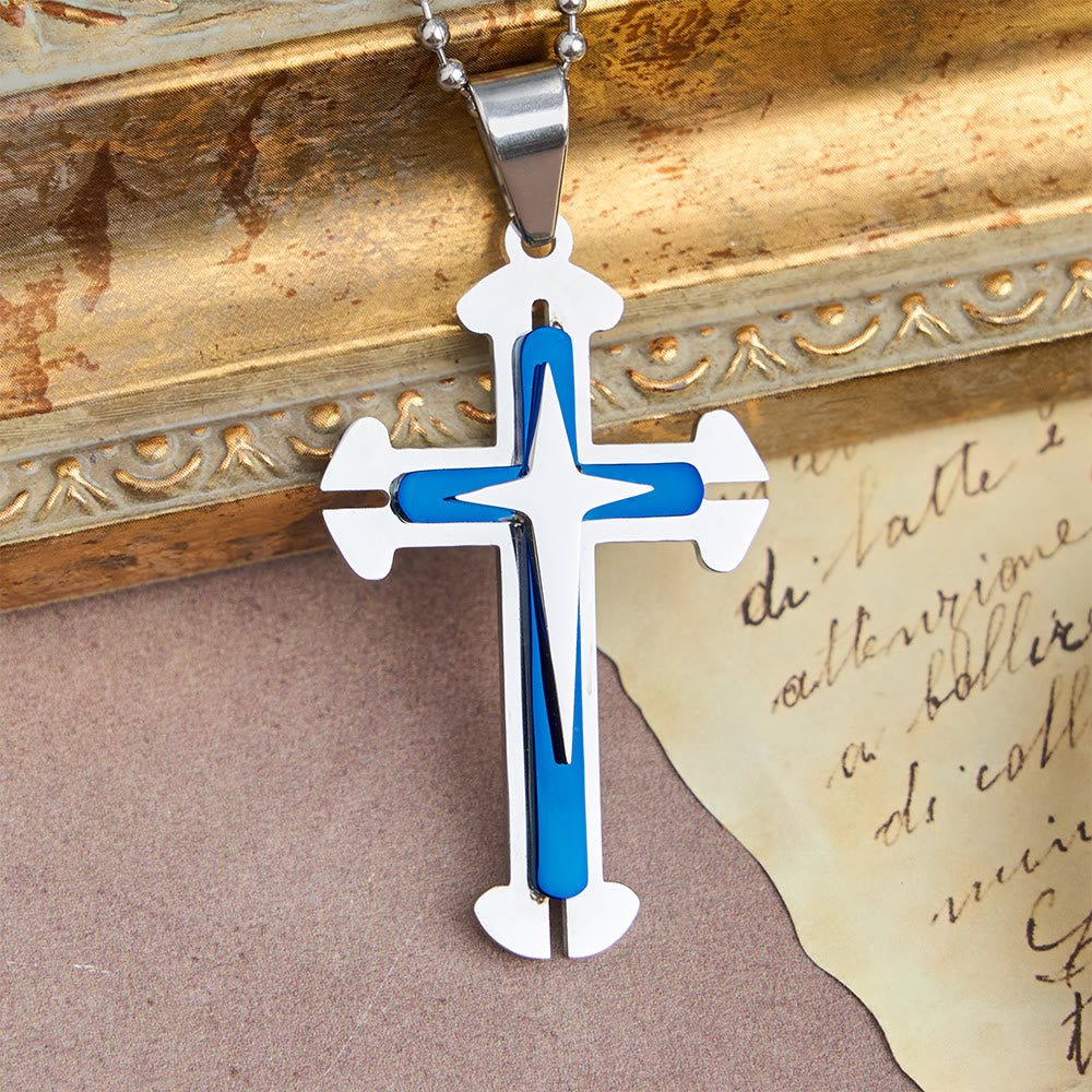 Christianartworkshop Collier pendentif croix à trois niveaux : un symbole moderne de foi inébranlable - Bleu - image 0