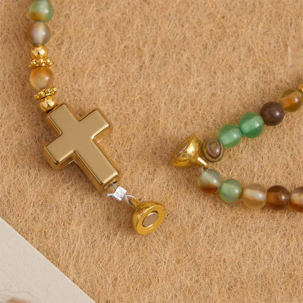 Christianartworkshop Bracelet chapelet magnétique en agate paon avec saint Benoît doré - image 7