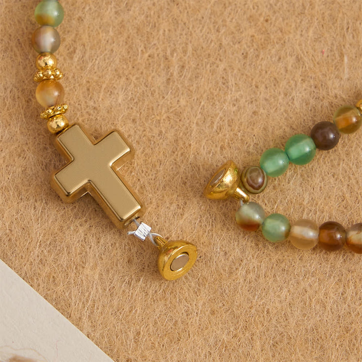 Christianartworkshop Bracelet chapelet magnétique en agate paon avec saint Benoît doré - image 7