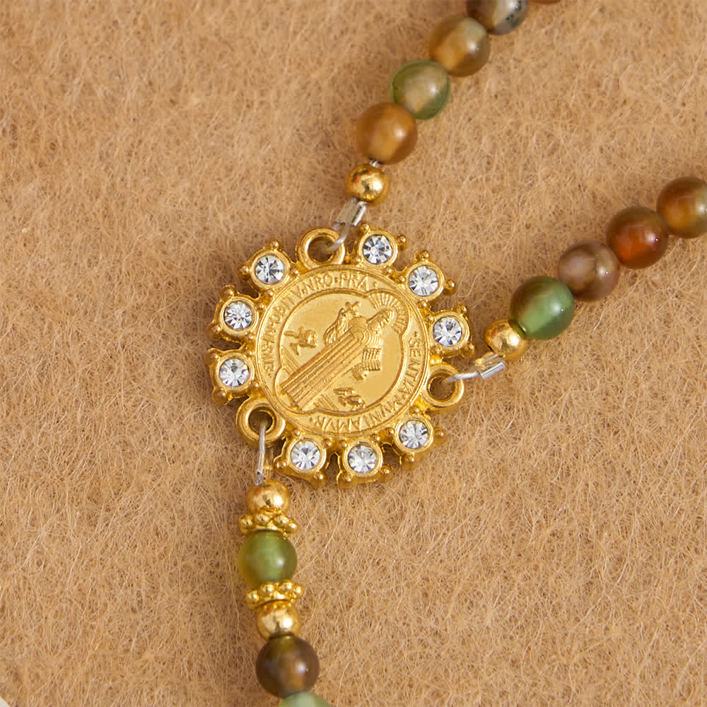 Christianartworkshop Bracelet chapelet magnétique en agate paon avec saint Benoît doré - image 9