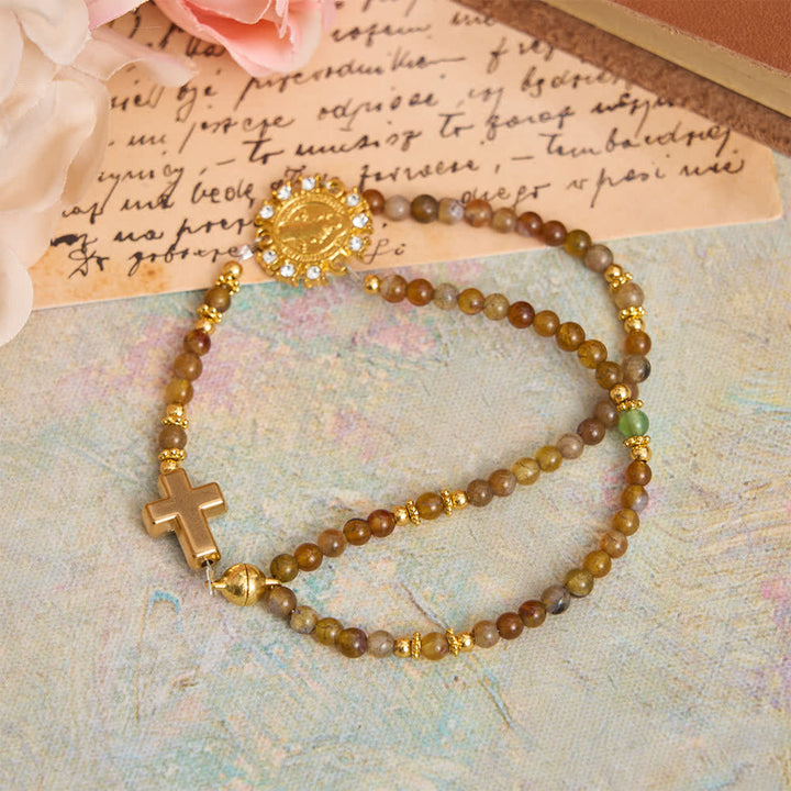 Christianartworkshop Bracelet chapelet magnétique en agate paon avec saint Benoît doré - image 13