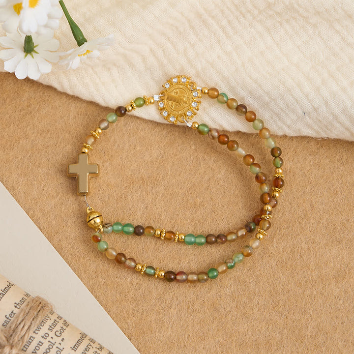 Christianartworkshop Bracelet chapelet magnétique en agate paon avec saint Benoît doré - image 6