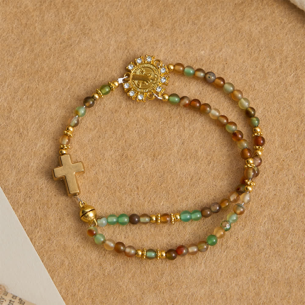 Christianartworkshop Bracelet chapelet magnétique en agate paon avec saint Benoît doré - Agate Paon (Tour de poignet : 19 cm) - image 0