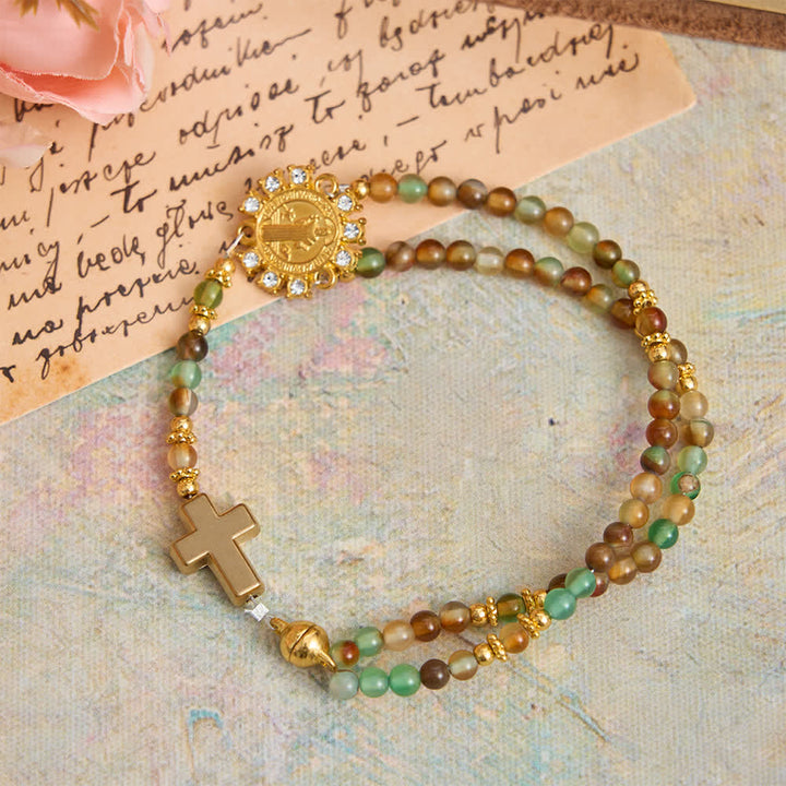 Christianartworkshop Bracelet chapelet magnétique en agate paon avec saint Benoît doré - image 4